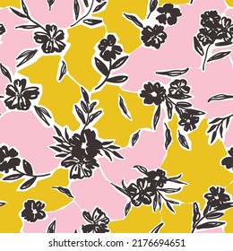 Botanical vector background with painted flowers. Hand drawn meadow wallpaper. Floral kintsugi styled seamless pattern. Craftdrawn retro fashion print for fabric, paper, home textile and goods.