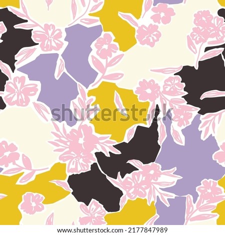 Botanical vector background with painted flowers. Hand drawn meadow wallpaper. Floral kintsugi styled seamless pattern. Craftdrawn retro fashion print for fabric, paper, home textile and goods.