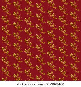 Botanical vector background with a pattern of leaves and orange berries on a deep red background