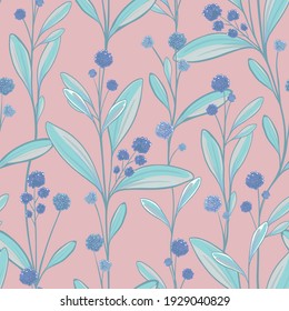 Botanical vector background with plants, flowers and berries. Vector illustration. Blue and powdery colors
