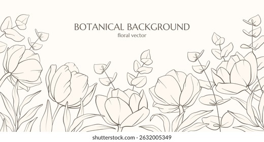 Botanical vector background. Wall art with line, leaves, flowers. Minimal design banner for text. Hand drawn wildflowers in trendy boho aesthetic. Wedding Invitation flower arrangements, flyer, ticket