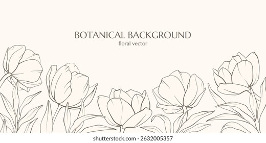 Botanical vector background. Wall art with line, leaves, flowers. Minimal design banner for text. Hand drawn wildflowers in trendy boho aesthetic. Wedding Invitation flower arrangements, flyer, ticket