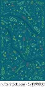 Botanical vector banner: medical herbs, leaves of simple form on a dark background. Concept of spring, summer. Herbs for postcards, prints. Flat style with shape shadows wave. For packaging design.