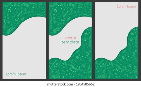 Botanical vector banner for stories: medical herbs, leaves of simple form on a dark background. Concept of spring, summer, health. Design template for web banner, social network. Copy space. 