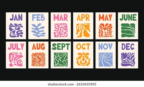 Botanical vector calendar design with retro groovy patterns, floral Matisse-inspired cutouts, abstract natural elements, creative wall art templates, and printable poster layouts for planning and deco