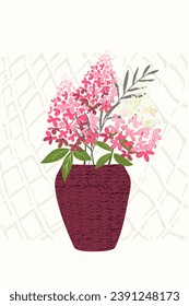 Diseño de vectores botánicos para imprimir, afiche, tarjeta, cubierta, arte de pared mínimo y natural. Flores de hidrangea, ramos en macetas de flores. Tono pastel, color verde y rosa. Decoración de textura.