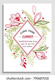 Botanical vector diamond pattern with leaves and red flowers on a black background