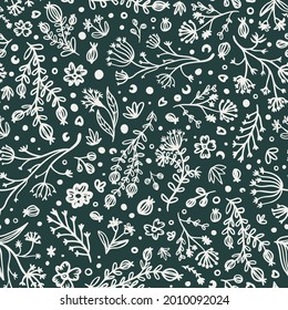 Botanical vector doodle illustrations seamless repeat pattern. Random placed, flowers, herbs, branches, leaves, plants, bushes, dots, circles and hearts all over surface print on green background.