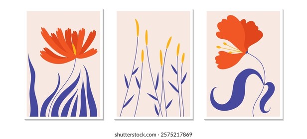 Botanical vector drawing set. Flowers and leaves abstract shape, doodle art design for print, wallpaper, clipart, wall art for home decoration, posters.