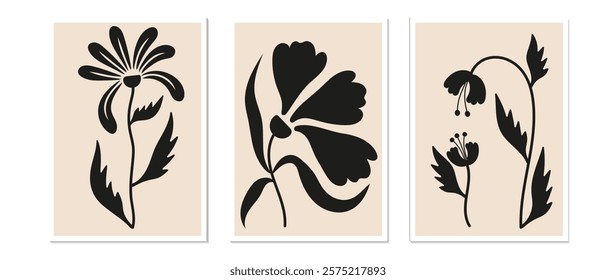 Botanical vector drawing set. Flowers and leaves abstract shape, doodle art design for print, wallpaper, clipart, wall art for home decoration, posters.