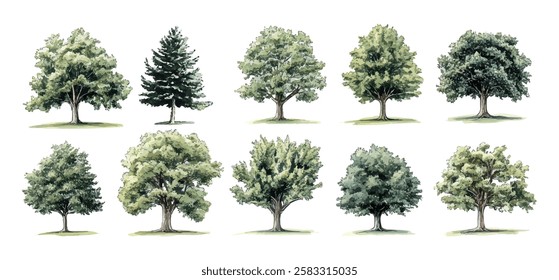 Botanical Vector Elements collection of watercolor style vectors featuring blooming trees, and forests, ideal for environmental and garden designs