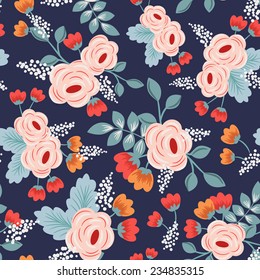 Botanical vector fabric design with beautiful bouquets of roses (seamless pattern)