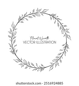 Botanical vector frame. Floral background. Leaves hand drawn frame. Delicate floral wreath illustration. Line drawing vector branches, plants, herbs. Leaf logo. Wedding invitation stationary.