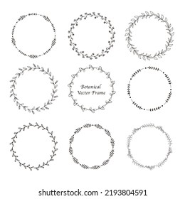 Botanical vector frame set. Black and white color. Simple branches circle frame design. Vintage floral wreaths with leaves , flower, herb, swirls, ornate.