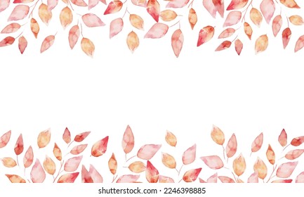 Botanical vector frame. Watercolor Hand painted red leaves branches on white background.