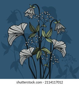 Botanical vector illustration. Bouquet of wild and home flowers. Floral print. Spring. Graphic, abstract flowers. A postcard for March 8. International Women's Day! Print for wallpaper, bags. Bell.
