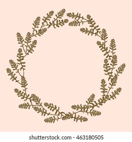 Botanical vector illustration. Brown intricate wreath. Floral circle frame with space for your text.