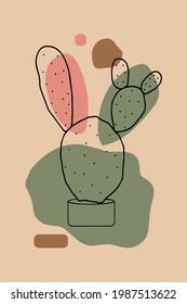Botanical vector illustration of cactus and abstract shapes. Plant design for print, covers, wallpapers, minimalist and natural wall art, and clothing prints.