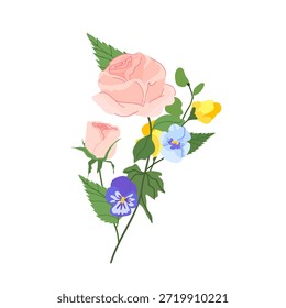 Ilustración vectorial botánica con una elegante rama de rosa emparejada con una vibrante flor de pansy y hojas verdes detalladas para la papelería de boda romántica de reliquias