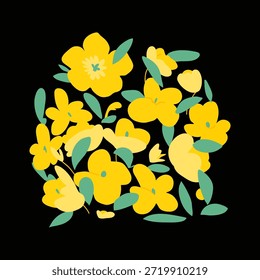 Botanical vector illustration featuring a vibrant yellow buttercup flower composition with detailed line art and green leaves isolated on a black background
