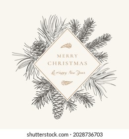 Botanical vector illustration with fir and pine branches and cones. Сhristmas card with rhombus frame. Winter logo isolated on white background. Black and White.