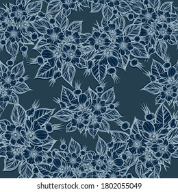 Botanical vector illustration with flowers and berries rosehips, seamless pattern, dark  background