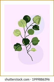 Ilustración vectorial botánica en forma de composición abstracta con hojas de eucalipto sobre un delicado fondo acuático para una galería de arte, un afiche en la pared, un diseño interior mínimo

