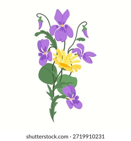 Ilustración vectorial botánica de un ramo de primavera fresca con viola púrpura y una margarita amarilla vibrante aislada sobre un fondo blanco