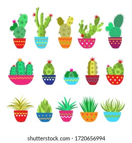 Botanical vector illustration of home plants succulents and cacti flat style. Big set for background, packaging paper, stickers