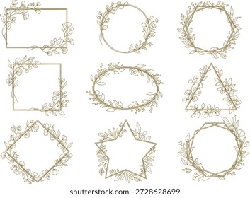 Ilustração vetorial botânica de nove molduras geométricas decorativas com embelezamentos florais e folhosos para uso de design elegante