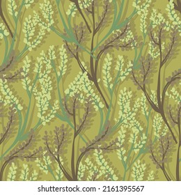 Botanical vector illustration pattern, Green gray background, wallpaper.Various branches with small leaves