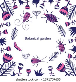 Ilustración vectorial botánica con lugar para el texto. Marco dibujado a mano con elementos botánicos y bichos. Plantilla para fondos de diseño, tarjetas de felicitación, embalaje, productos de poligrafía.