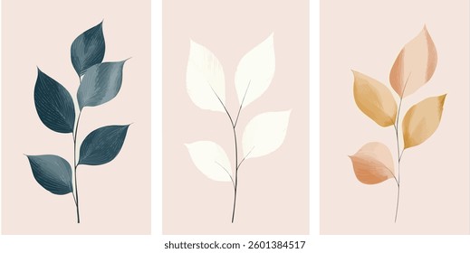 Botanical Vector Illustration: Set of Three Leafy Sprigs on Pink Background