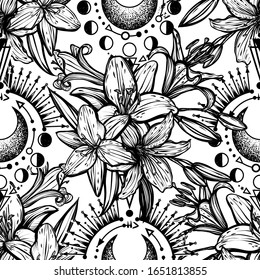 Botanical vector illustration, summer lilium flowers seamless pattern