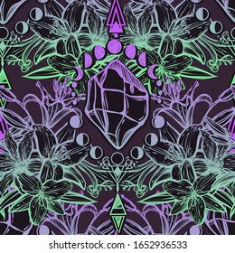 Botanical vector illustration, summer lilium flowers, bouquet of flowers, line art style, magic astrology, romantic decoration, dark background, seamless pattern, Handmade
