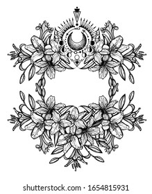 Botanical vector illustration, summer lilium flowers, bouquet of flowers, line art style, magic astrology, romantic decoration, print on t-shirt, Handmade, tattoo