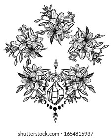 Dibujo botánico vectorial, flores de litio de verano, ramo de flores, estilo de arte lineal, astrología mágica, decoración romántica, tatuaje, hecho a mano, impresión en pantalones t