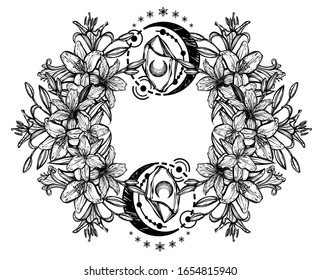 Botanical vector illustration, summer lilium flowers, bouquet of flowers, line art style, magic astrology, romantic decoration, tattoo, print on t-shirt, Handmade