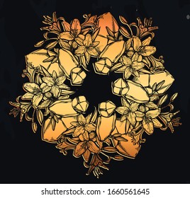 Botanical vector illustration, summer lilium flowers, bouquet of flowers, line art style, crystals, romantic decoration, Handmade, print on t-shirt, background  chalkboard