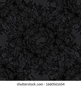 Botanical vector illustration, summer lilium flowers, bouquet of flowers, line art style, romantic decoration, dark background, seamless pattern, Handmade