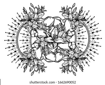Botanical vector illustration, summer lilium flowers, bouquet of flowers, crystals, line art style, romantic decoration, print on t-shirt, tattoo, Handmade