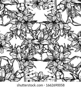Botanical vector illustration, summer lilium flowers, bouquet of flowers, crystals, romantic decoration, line art style, Handmade, light  background, seamless pattern