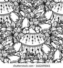 Botanical vector illustration, summer lilium flowers, bouquet of flowers, crystals, line art style, romantic decoration, print, light  background, seamless pattern, Handmade