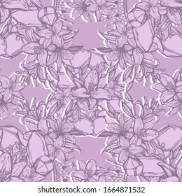 Ilustración vectorial botánica. ramo de flores de litio de verano. cristales, decoración romántica. estilo de arte en línea, fondo púrpura a mano, patrón sin fisuras