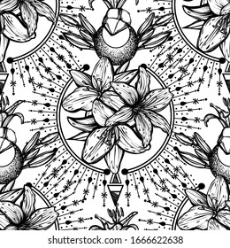 Botanical vector illustration, summer lilium flowers, bouquet of flowers, romantic decoration, line art style, Handmade, print, light  background, seamless pattern