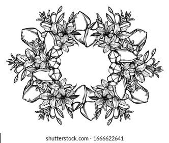 Botanical vector illustration, summer lilium flowers, bouquet of flowers, crystals, romantic decoration, line art style, Handmade, print on t-shirt, tattoo
