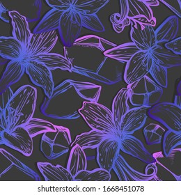 Botanical vector illustration, summer lilium flowers, bouquet of flowers, crystals, romantic decoration, line art style, Handmade, print, dark  background, seamless pattern