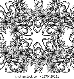 Botanical vector illustration, summer lilium flowers, bouquet of flowers, crystals, romantic decoration, line art style, Handmade, light  background, seamless pattern