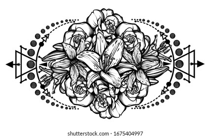 Botanical vector illustration, summer lilium and roses flowers, bouquet of flowers, romantic decoration, print on t-shirt, line art style, tattoo, Handmade