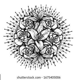Botanical vector illustration, summer lilium and roses flowers, bouquet of flowers, romantic decoration, print on t-shirt, tattoo, Handmade, line art style